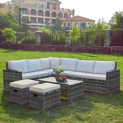 8 Seater Rattan Garden Furniture Set Outdoor Corner Sofa Table Stool Backyard • £449.99