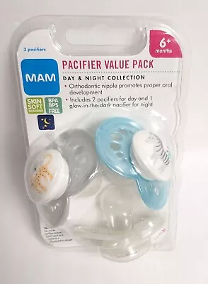 MAM Day Night Collection Pacifiers Value 3 Pack Glow In Dark 6+ Months Skin Soft • $9.99