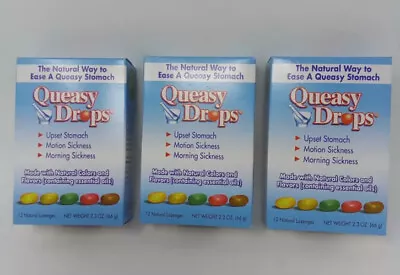 LOT OF 3 Boxes Queasy Drops Assorted Flavor Natural Lozenge 12 Ea Box 06/24 • $12.50