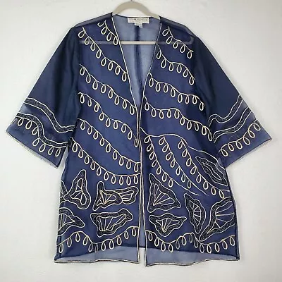 Vintage Donna Vinci Sheer Kimono Jacket Navy Gold Embroidered Sz 16 Open Front • $34