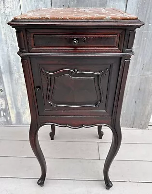 Antique French Louis XV Mahogany & Fossilized Marble Bedside Cabinet Side Table • $795