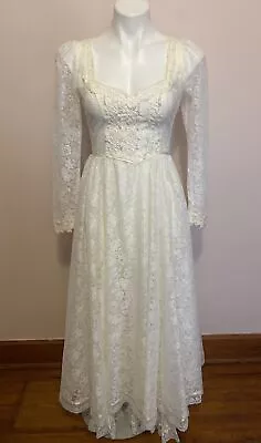 VTG 70s Gunne Sax Ivory Lace Yell￼ow Lining Renaissance Prairie Wedding Dress 7 • $150