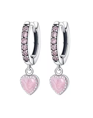 Pandora 925 Pink Enamel And Cubic Zirconia Heart Earrings • £21.55