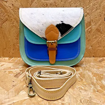 Nephele Recycled Leather Ruby Handbag Shoulder Bag Blue Green & Pony Cow Print • £45