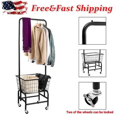 Rolling Laundry Butler Laundry Cart With 4 Wheels & Hanging Rack Bathroom Black • $65.54