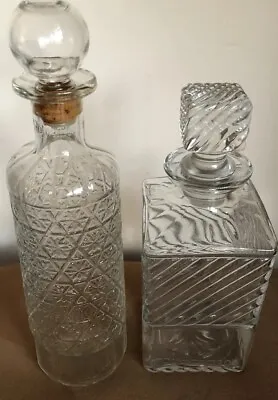 Vintage LIQUOR DECANTER 2 Bottle W/stoppers CLEAR GLASS X’s & Stripes Cut Glass • $19.97