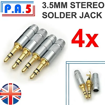 4x Gold 3.5mm Male Stereo Jack Plug 3 Pole Solder Headphone Repair Upgrade 4pcs • £10.79