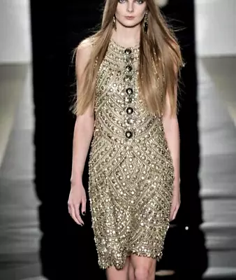 Naeem Khan 2008 Vintage Runway Embroidered Beaded Gold Cocktail Party Dress US 6 • $1689