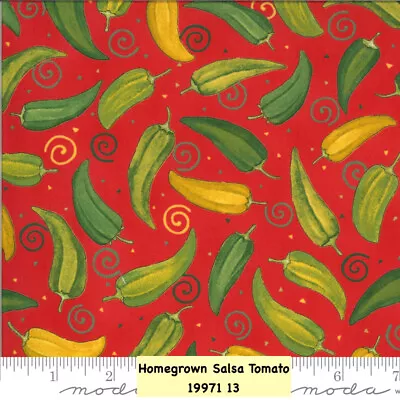 MODA Homegrown Salsa 100% Cotton Fabric By The Yard 19971 13 Peppers On Red • $6.75