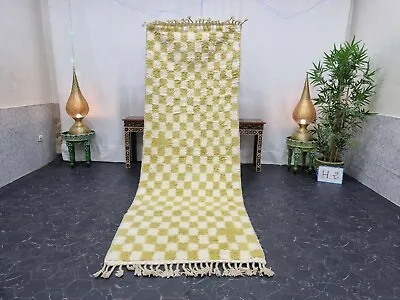 Moroccan Handmade Beni Ourain Rug 3'4 X9'7  Berber Checked White Yellow Carpet  • $450
