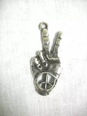 Vintage Peace Sign Hand Symbol Hippie Way Cool Cast Pewter Pendant Adj Necklace • $8.99