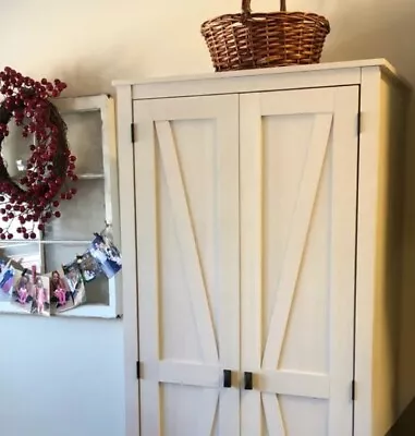 Rustic White Farmhouse Storage Utility Cabinet Rustic Barn Door 4 Shelf Cupboard • $299.89