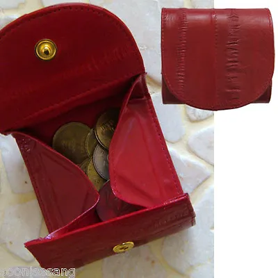 Genuine Eel Skin Leather Mini Coin Purse Small Square Wallet (Dark Red) • $10.99