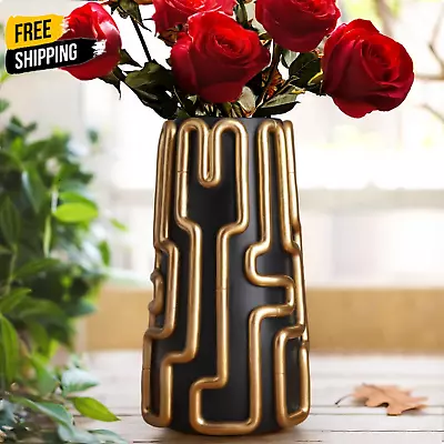 GUGUGO Black And Gold Vase For Flowers Lined Design 8 Inch Tall Decorative Vase • £41.74