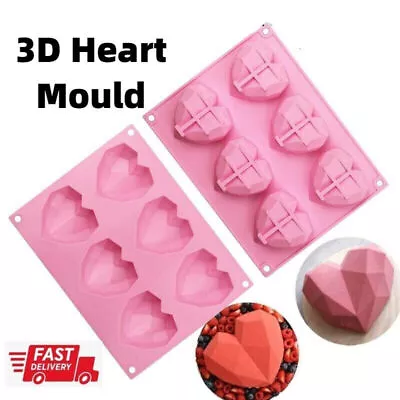 3D Silicone Heart Diamond Shape Mould Geometric Cake Baking Mold Chocolate Decor • £4.58