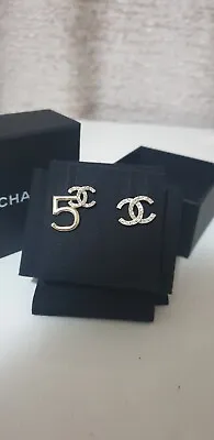 CHANEL CC Gold Crystal No Number 5 Logo Evening Stud Earrings In Box • $950