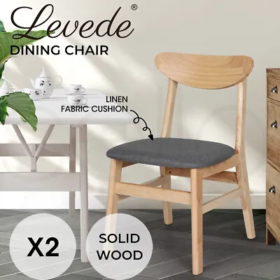 Levede 2xDining Chairs Kitchen Chair Natural Wood Linen Fabric Cafe Lounge • $139.99