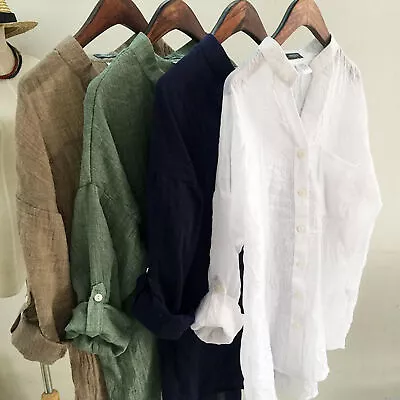 $18.95 • Buy Women Solid Color Linen Long Sleeve Blouse Ladies Casual Button Loose Shirt Tops