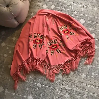 Vintage 60's 70's Embroidered Mexican Fringe Wrap Shawl Dress Coverup • $38