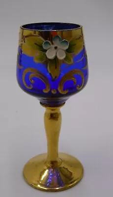 Vintage Murano Salviati Venetian Glass Blue Gold Cordial Goblet Flower • $20