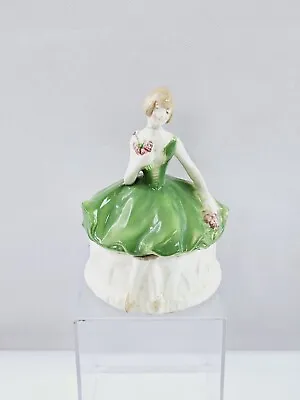 VTG German Porcelain Lady Floral Dress Jewelry Box Green Trinket Powder Read • $23.70