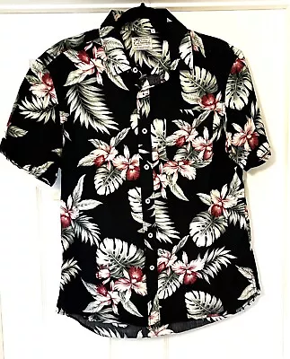 7 DIAMONDS Mens S/S Sz L Cotton Hawaiian Shirt - Black Floral Print • $15