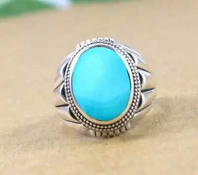 Solid 925 Sterling Silver Natural Blue Turquoise Gemstone Huge Signet Men's Ring • $42.27