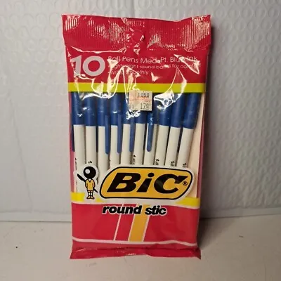 New Old Stock Vintage Bic Round Stic Blue Medium Pens - 10 Pack Sealed 1986 READ • $14.99