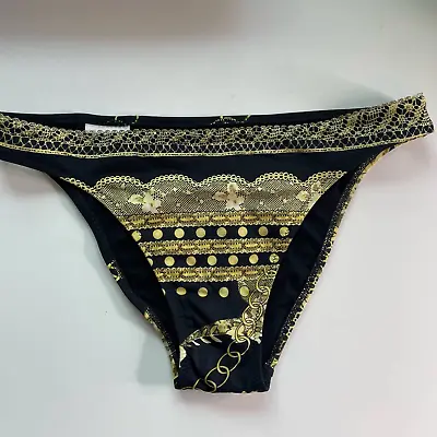 LA PERLA Bikini Bottom Women's 42 Medium Black Gold Floral Lace Chain Pattern • $29.99