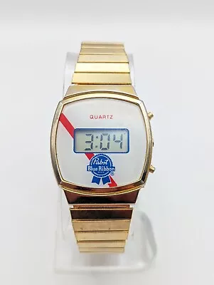 Vintage RARE 1980s Digital Pabst Blue Ribbon Watch Gold Tone Beer Keeps Time • $34.97