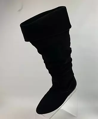 Gabriella Rocha Boots Black Leather Suede Knee High Cuff Pull On Flats Size 9.5M • $34.95