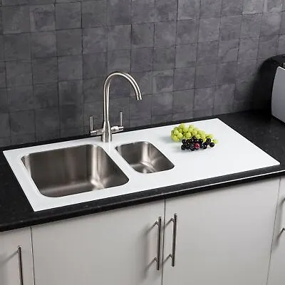 £189 • Buy Sauber Kitchen Sink 1.5 Bowl Stainless Steel RH Glass Surround Drainer White
