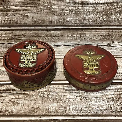 Vintage Souvenir Columbia Leather Coaster Set Aztec Decor Set Of 12 &  Holder • $14.99