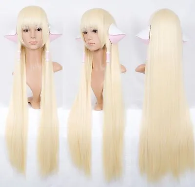 Chobits CHII 100cm Super Long Pale Milk Blonde COSPLAY Wig Gift Ears Accessories • $28.99