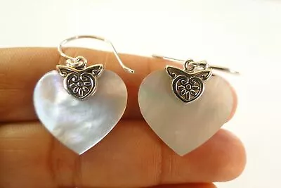 Mother Of Pearl Heart 925 Sterling Silver Dangle Earrings • $29