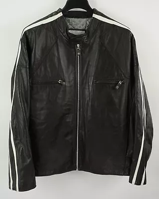 Wilsons Leather Cafe Racer Men's 2XL Black White Stripe Quilt Lined Moto Jacket • $129.99
