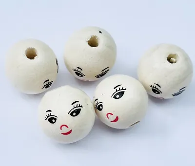 Wooden Doll Head Beads 5 Round Happy Face Beads Smiling Face Beads Wood Beads • £3.70