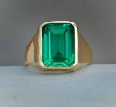 Men's Engagement Ring 3.00 Ct Lab Grown Green Emerald  14K Yellow Gold Plated • $156.23