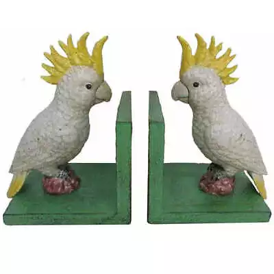 Pair Of Cast Iron Cockatoo Bird Bookends Hand Painted Retro Book Ends Green Base • $79.95