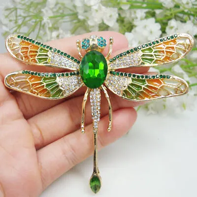 Vintage Green Crystal Rhinestone Dragonfly Insect Pendant Brooch Pin Gold Tone • $9.78