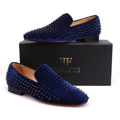 Men FERUCCI Blue Velvet Slippers Loafers Flat With Black Spikes Rivet  • $199.99