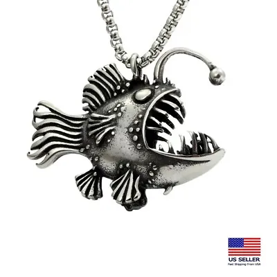 Men Stainless Steel Chain Necklace Retro Deep Ocean Anglerfish Pendant 1449 • $9.99