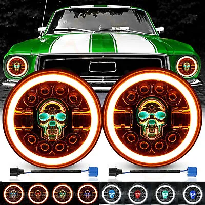 Pair 7  Inch Round RGB Skull LED Headlights Halo DRL For Ford Mustang 1965-1978 • £33.99