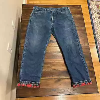 Vintage 90s L.L. Bean Red Plaid Flannel Lined Medium Wash Straight Jeans 38x30 • $30