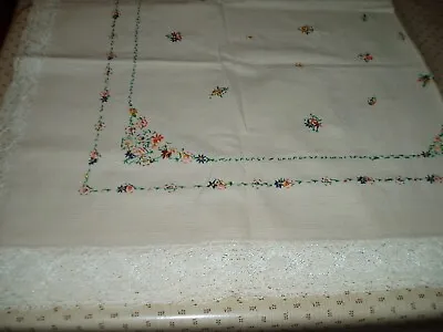 Vintage Embroidered Linen Table Cloth Lace Edged 160 X 140cm  Czech/Austria • £29.99