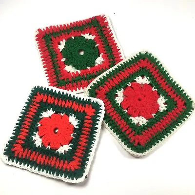 Vintage 3 Christmas Pot Holders Hot Pads Granny Squares Crochet Trivets Afghan • $15