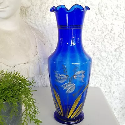 Large Antique Bristol Blue Vase Frilled Neck Hand Blown And Painted. • $49