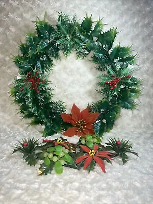 Poinsettia Holly Candle Holder & Wreath Vintage Christmas Greens • $16.99