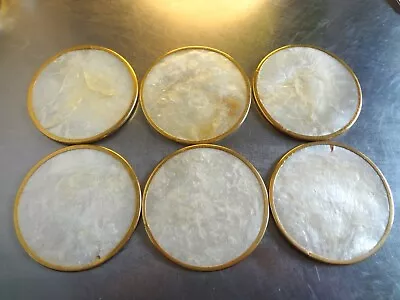 $22 • Buy Lot Of 6 Vintage Mother Of Pearl Capiz Shell Coaster Set W Cork Backs Gold Rim 2