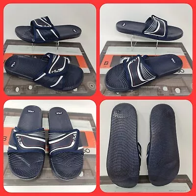 Fila Flip Flops Sliders Uk Mens Size 9 Shoes Sandles Navy Blue Hook & Loop Front • £29.99